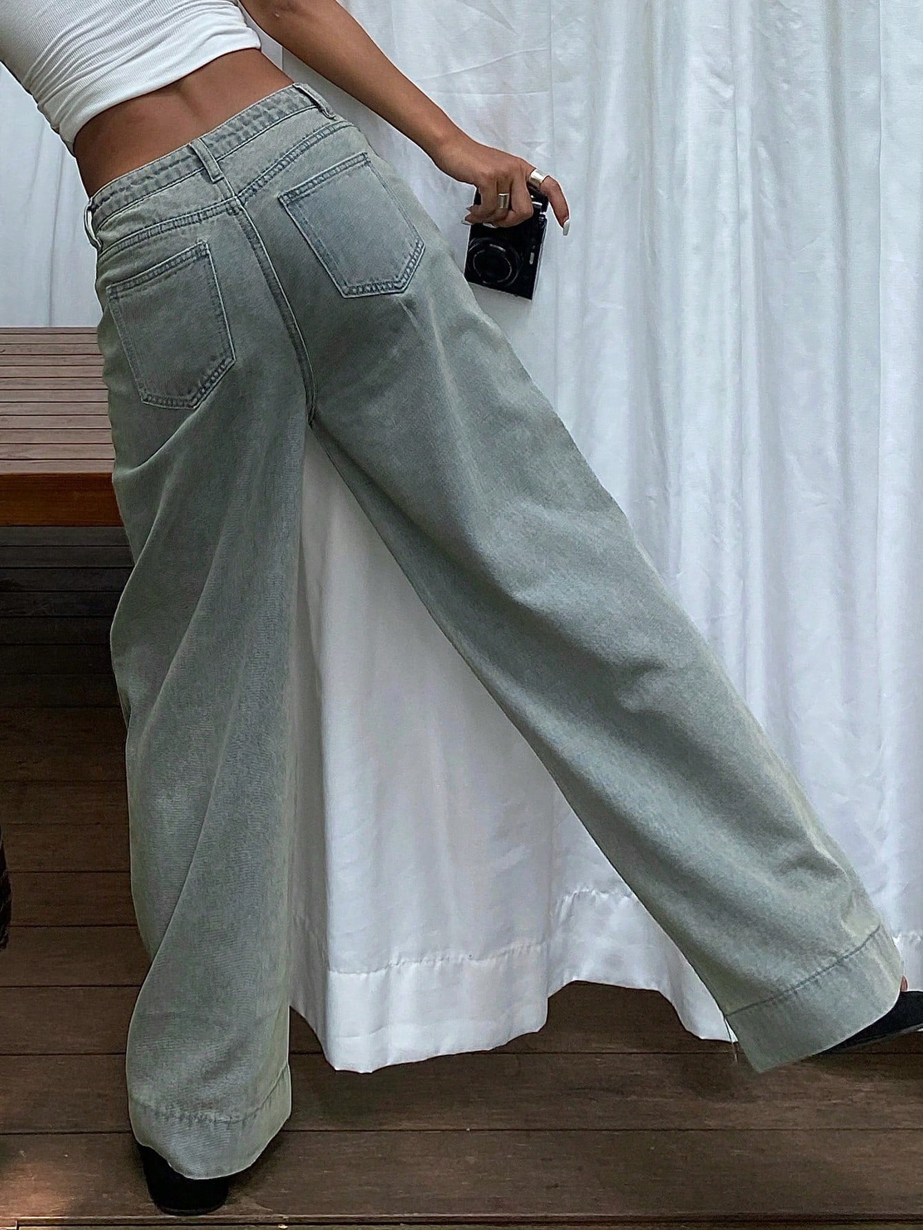 Maxct Women Wide Leg Loose Denim Pants With Double Pockets For Daily Casual Wear