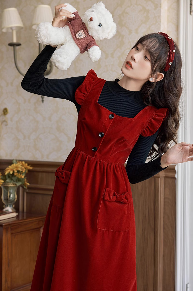 Velvet Frilly Bow Pinafore Dress Maxct