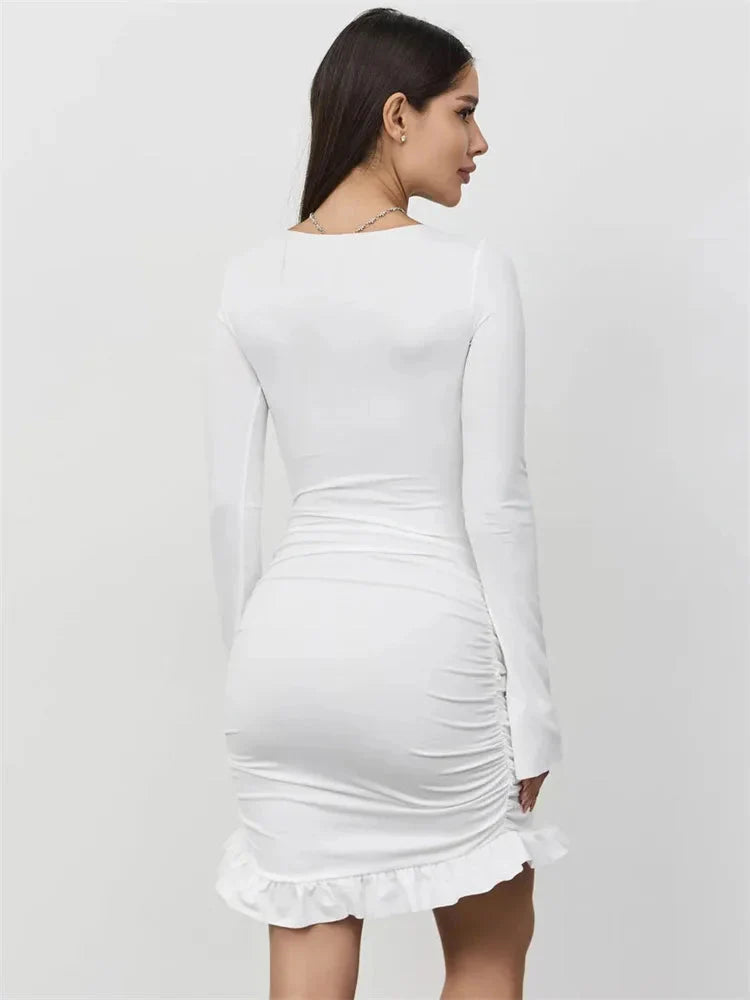Ruffled Twist Skinny MIni Dress Long Sleeve Patchwork High Waist Party Dress FeY2k Bodycon Dress Maxct