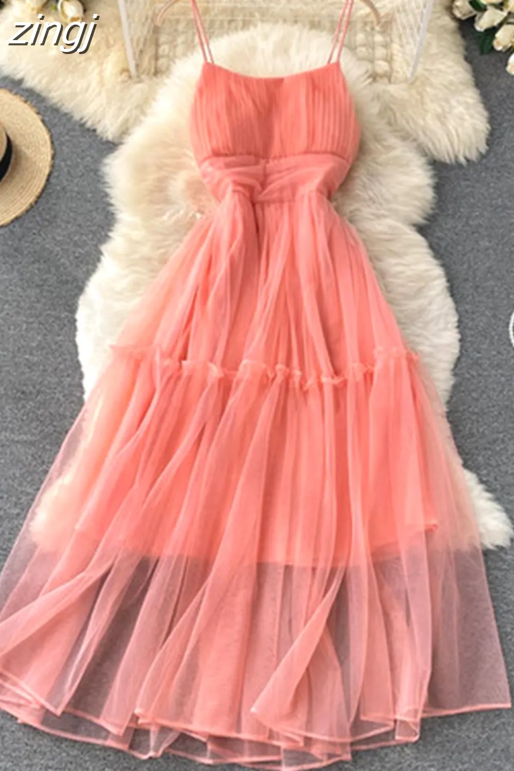 Maxct Women Sexy Mesh Spaghetti Strap Long Dress Summer Orange/Purple/Blue/Pink Ruffle A-Line Beach Robe Female Elegant Party Vestidos