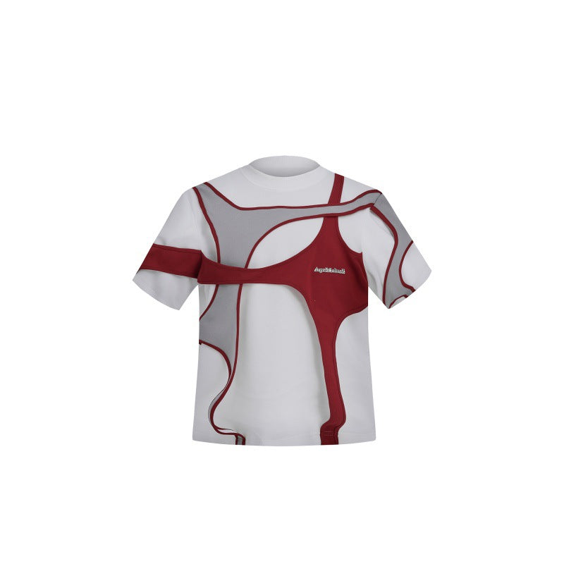 Maxct classy mens fashion American High Street Heavy Deconstruction Stitching Short Sleeve Men's Summer Advanced Design Sense Shoulder Pad T-shirt Niche Couple Half Sleeve