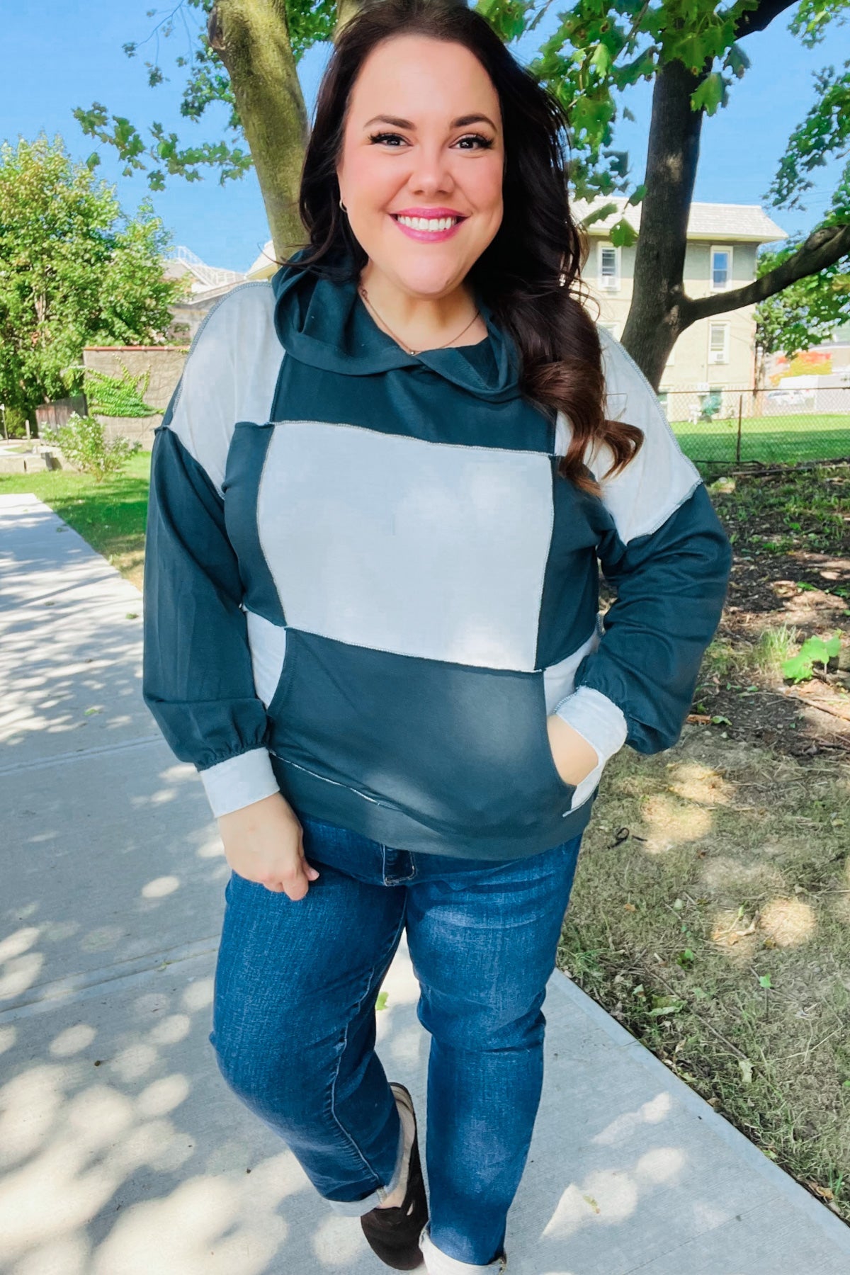Maxct &Adorable In Hunter Green Color Block Check Print Terry Hoodie