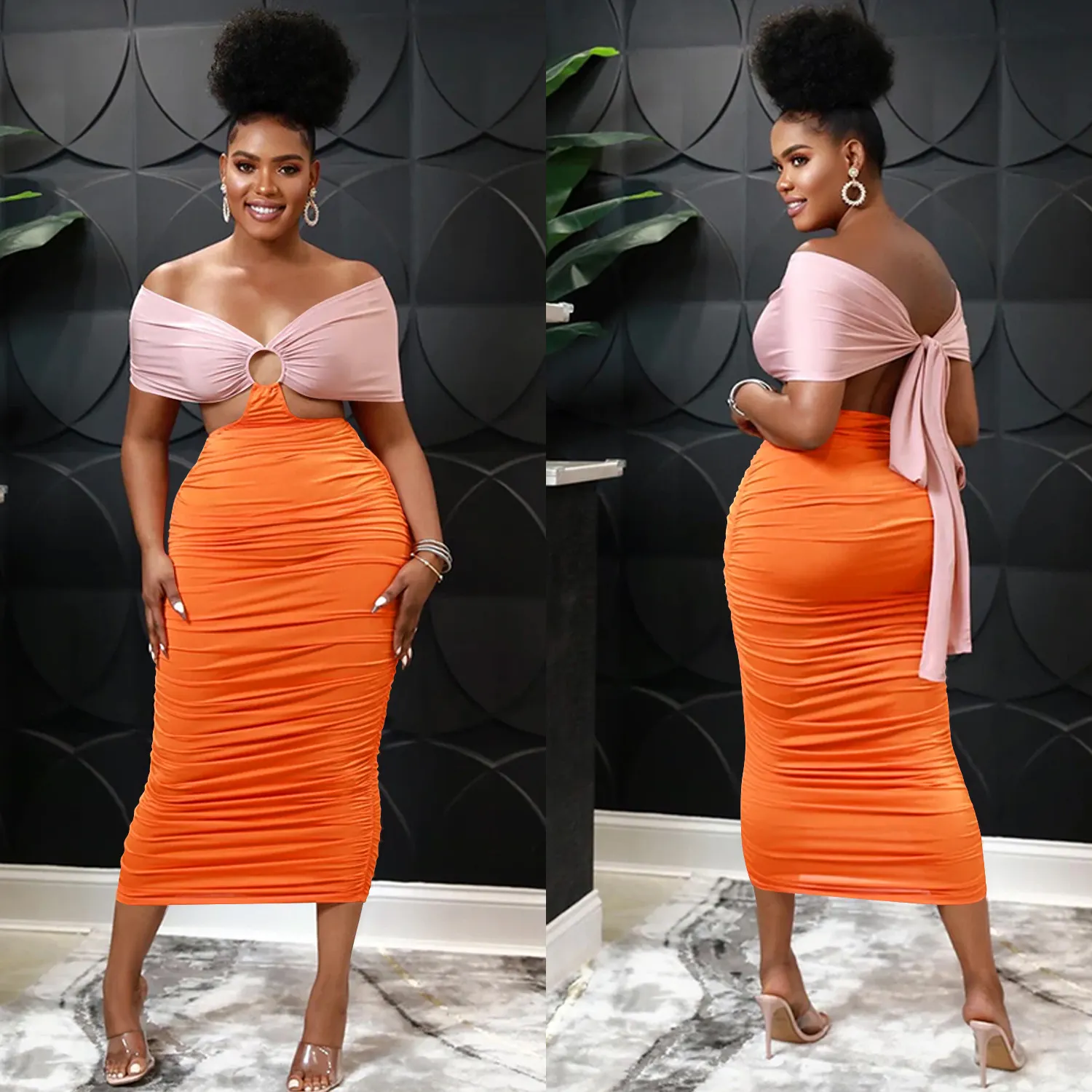 Maxct Maxct Fashion Women's Casual Tight Back Hollow Out Pleated Dress Women's Wear
