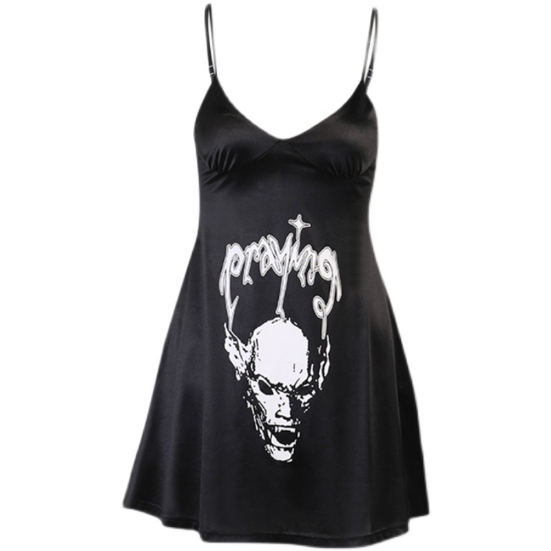 Maxct outfit inspo Ye Shuhua Song A- line Dress Dark Devil Print Deep V Dress Gothic Style Sling for Women