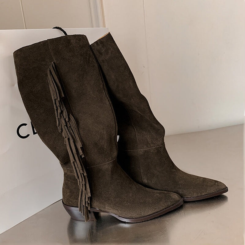 Womens Suede Knee High Boots 40mm Block Heel Tassels Cowboy Boots Maxct