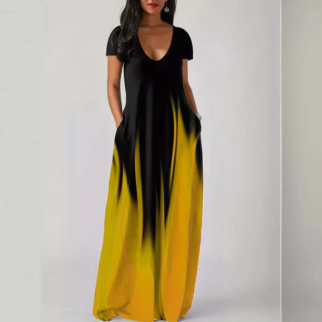Maxct Maxct Summer Loose Print Casual Sexy Women's Dress Long Skirt Pocket Long Style Even