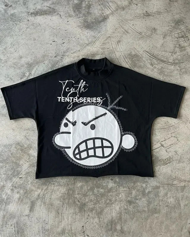 Maxct American Gothic Super Cool Smiley Letter Print Oversized T-Shirt Men's Fashion Harajuku Loose Round Neck Short Sleeve Top
