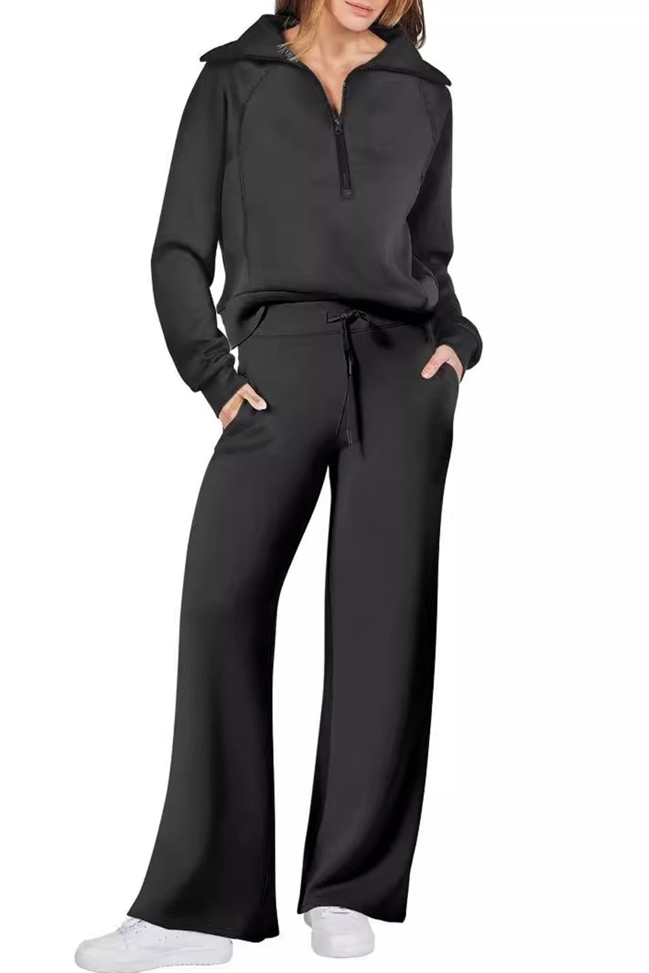 Maxct Lapel Zip-up Sweatshirt Wide Leg Long Pants Set