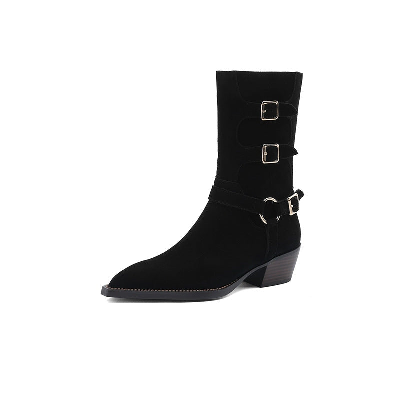Womens Suede Mid Calf Boots 45mm Block Heel with Buckle Details Maxct