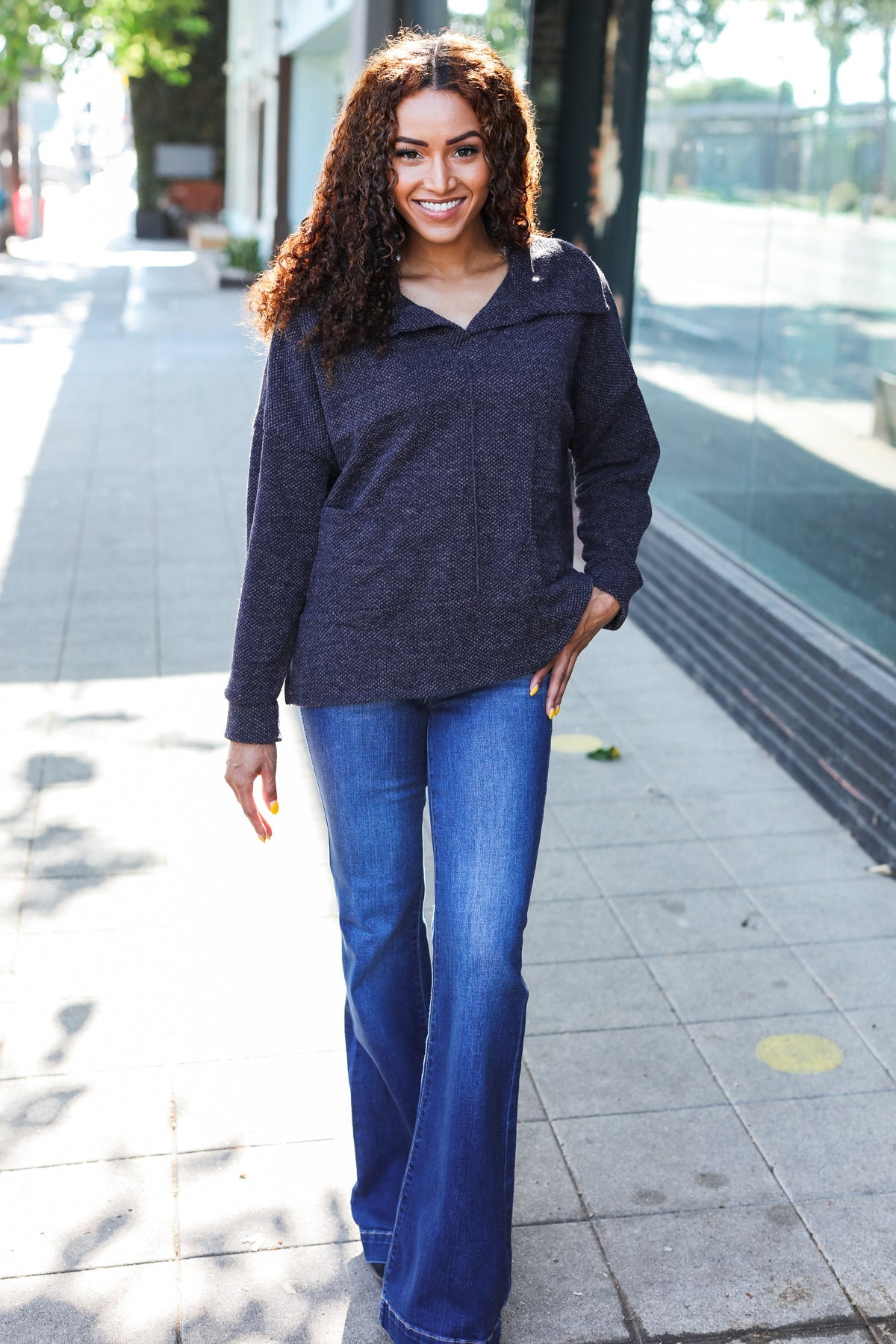 Maxct &Easy Living Charcoal Textured Knit Notch Neck Oversized Collar Sweater