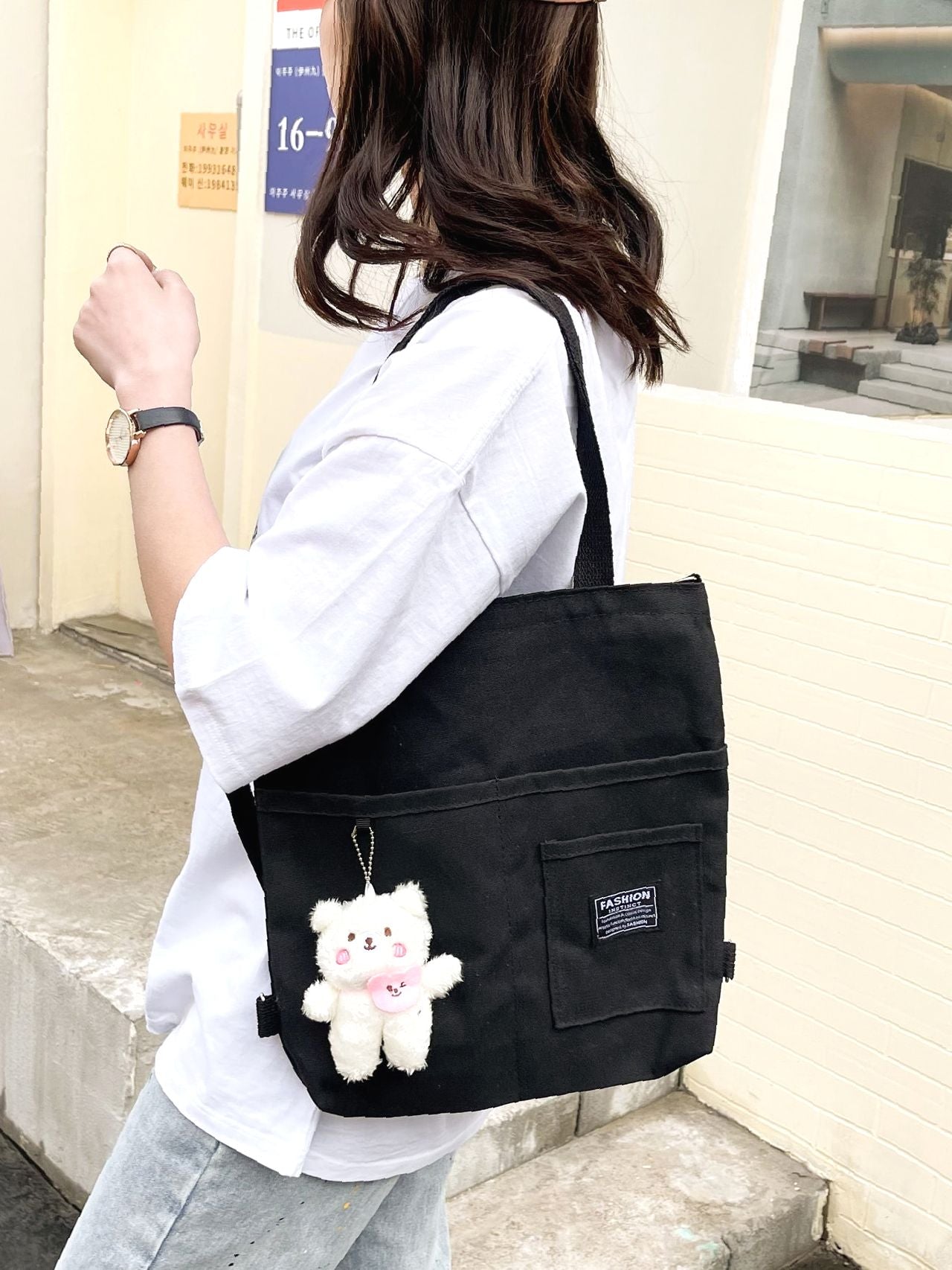 Maxct - Letter Graphic Shopper Bag with Bag Charm  - Women Tote Bags