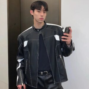 Maxct Contrast Color Leather Jacket with Shoulder Pads