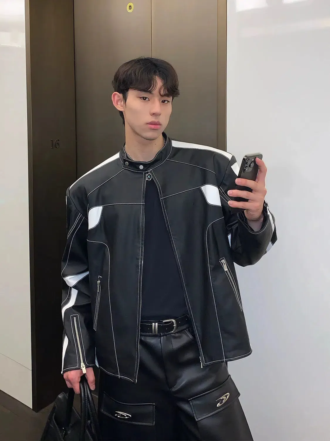 Maxct Contrast Color Leather Jacket with Shoulder Pads