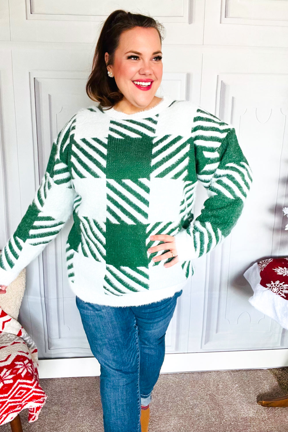 Maxct &Under The Christmas Tree Green Plaid Soft Brushed Hairy Sweater