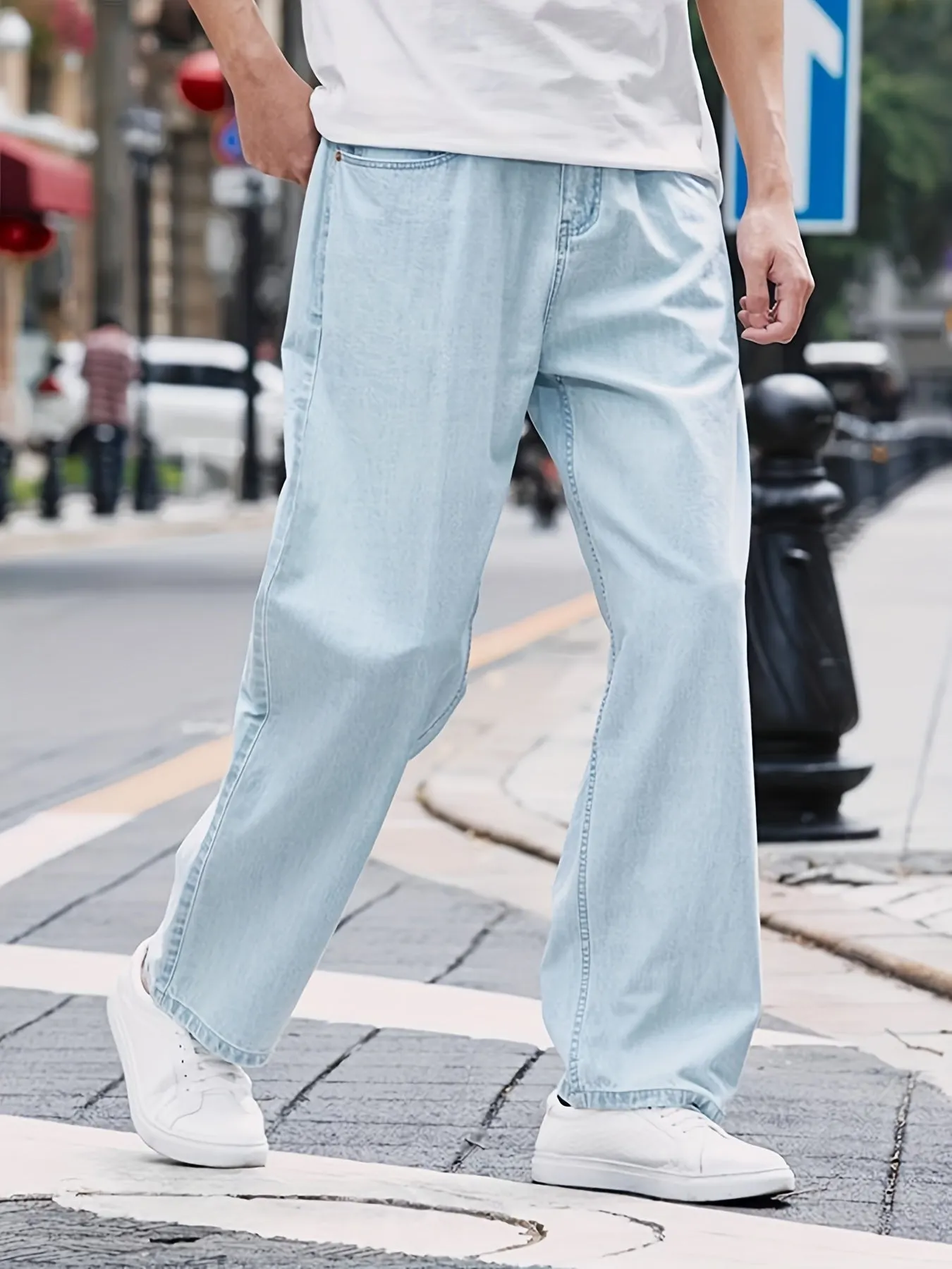 Maxct  Trendy Casual Men's Solid Color Loose Denim Jeans With Pockets, Men's Outfits