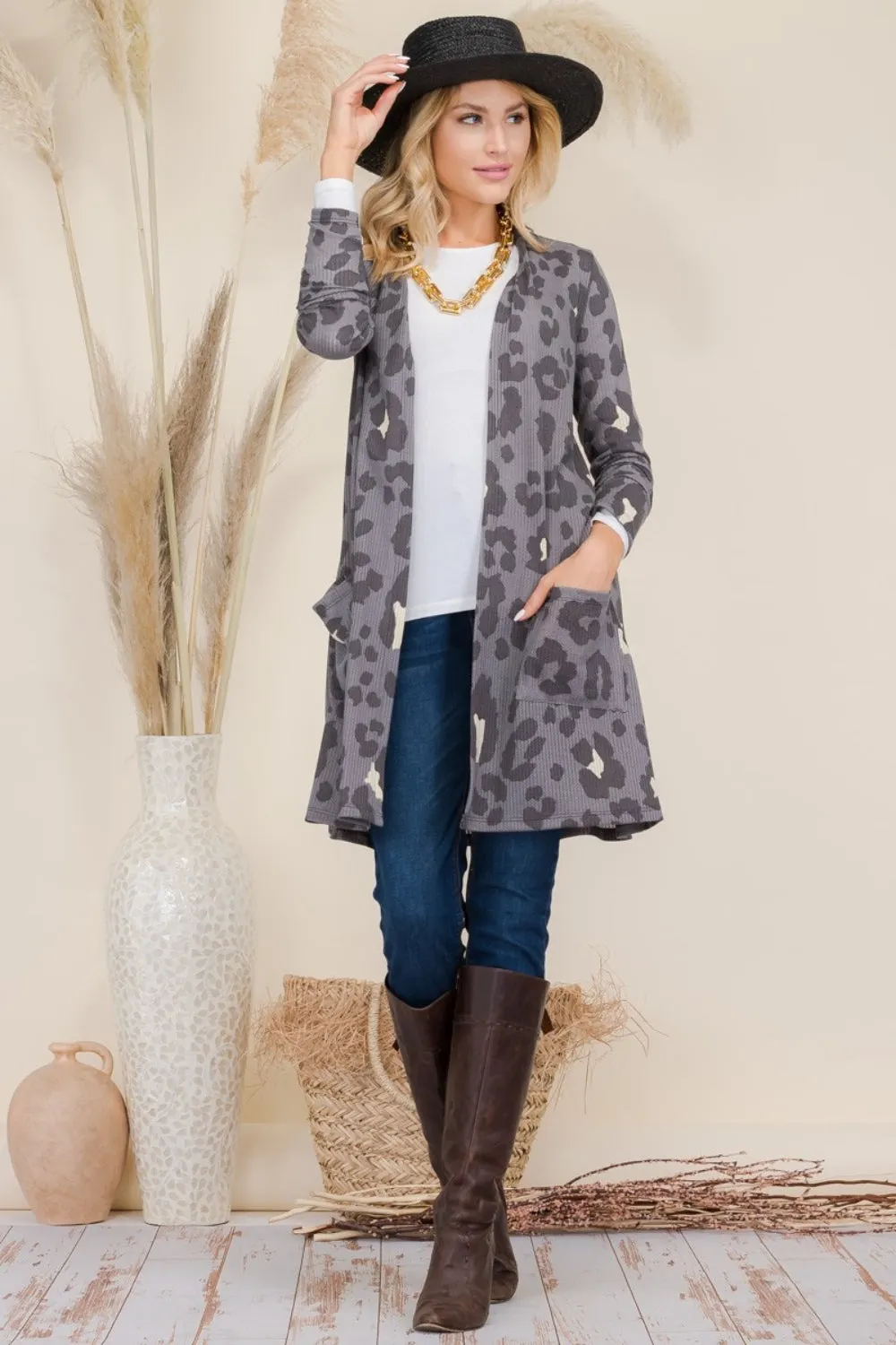 Maxct &Celeste Full Size Leopard Open Front Contrast Cardigan