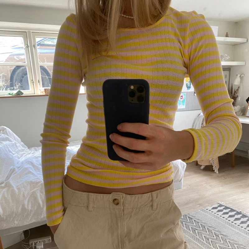 Vintage Preppy Style Y2K Crop Tops Clothes Cottage Striped Rib Knitted T-shirt Women Long Sleeve Casual Basic Tees Pullovers