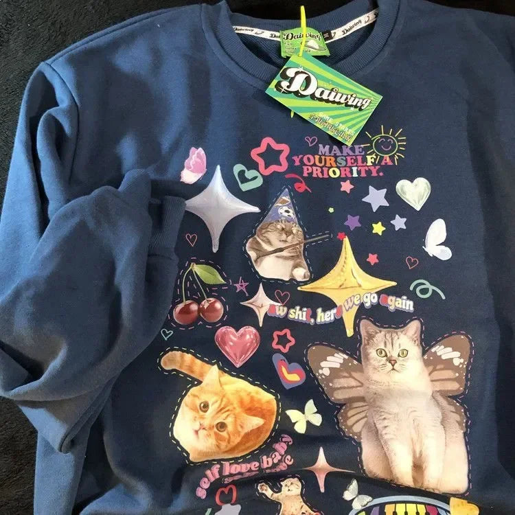 Maxct Kawaii Cat Print Hoodie Women Cutecore Long Sleeve Sweatshirt American Retro E-girl Kitten Angel Graphic Alt Clothes Y2k