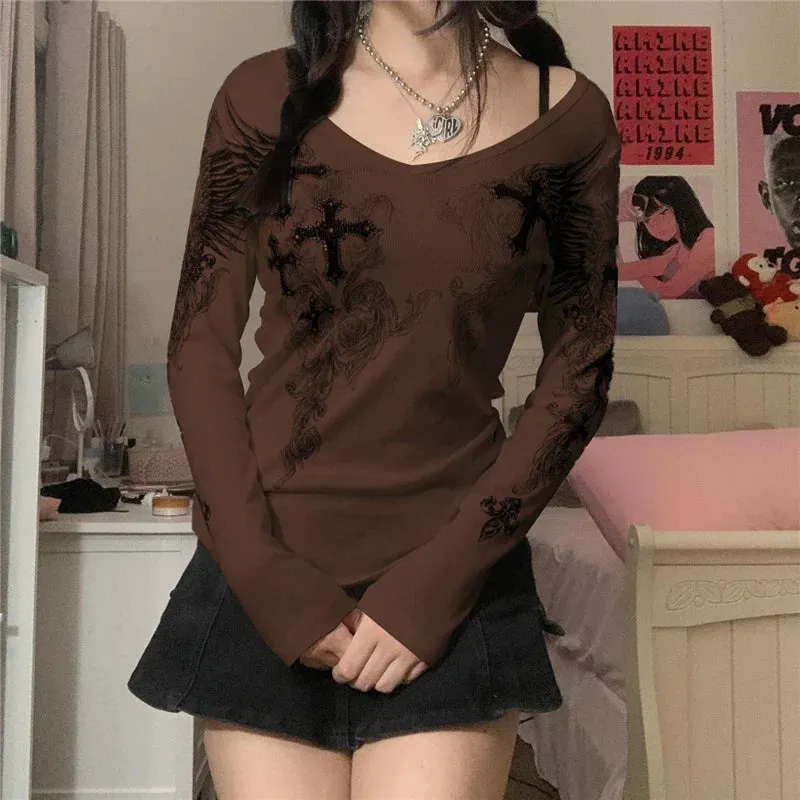 Maxct Mall Goth 2000s Retro Pullovers Tops Vintage Graphics Y2K Loose T Shirt Chic Aesthetic Autumn Long Sleeve Tees Grunge Streetwear