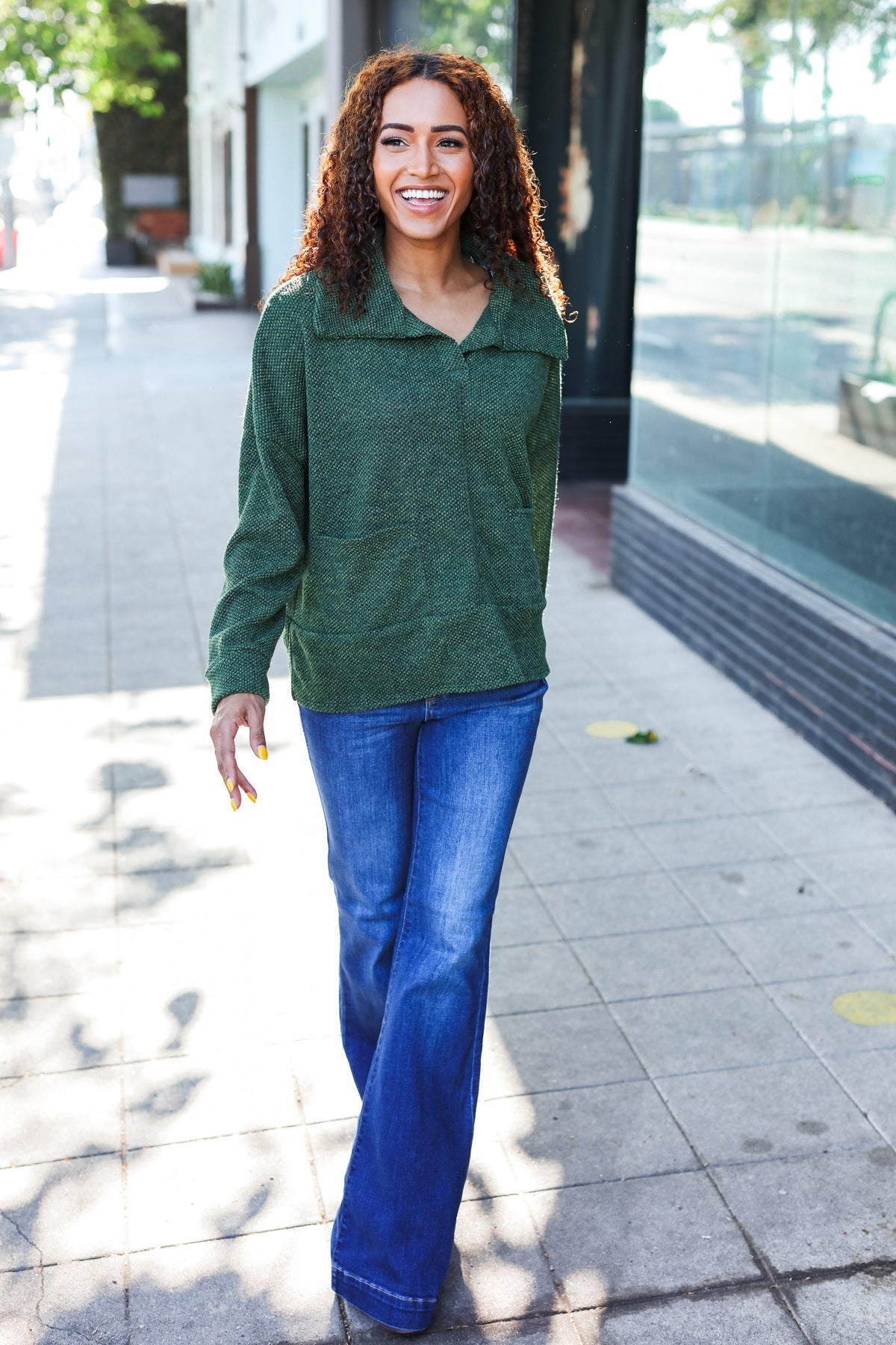 Maxct &Easy Living Olive Textured Knit Notch Neck Oversized Collar Sweater