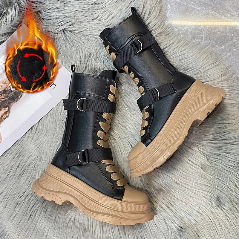 Platform Boots PU Leather Mid-Calf Combat for Women Maxct
