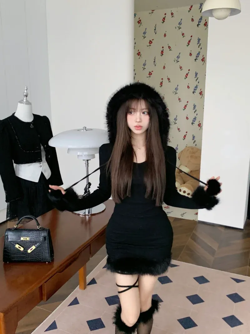 Maxct Hot Girl Black Knitted Hooded Fur Dress Women's Winter Slim Fit Pure Sexy Hip Wrap Short Dress Fashion Female Clothes