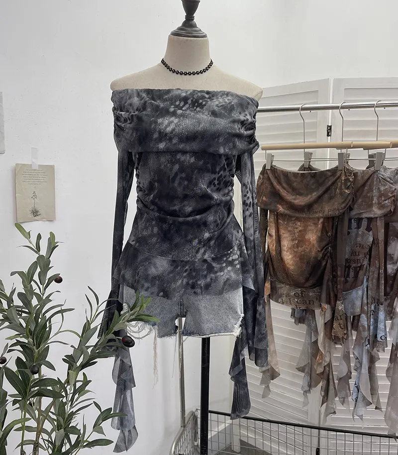 Maxct off-Shoulder Ribbon Tie-Dyed Printed Mesh Shirt Top Hot Girl Design Pleated Long Sleeve T-shirt 8003