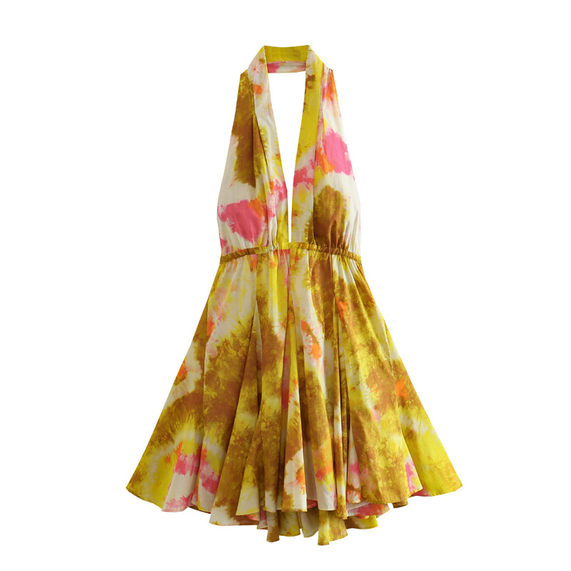 Maxct New Summer Print Dress With A Collar And A Bare Back