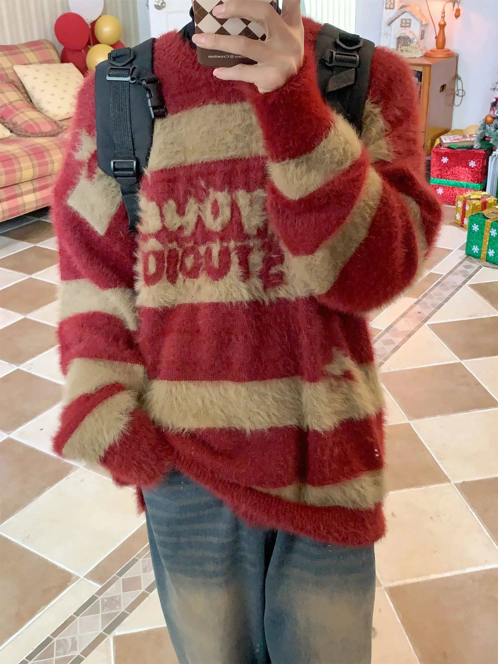 Maxct Faux Mink Striped Crew Neck Sweater