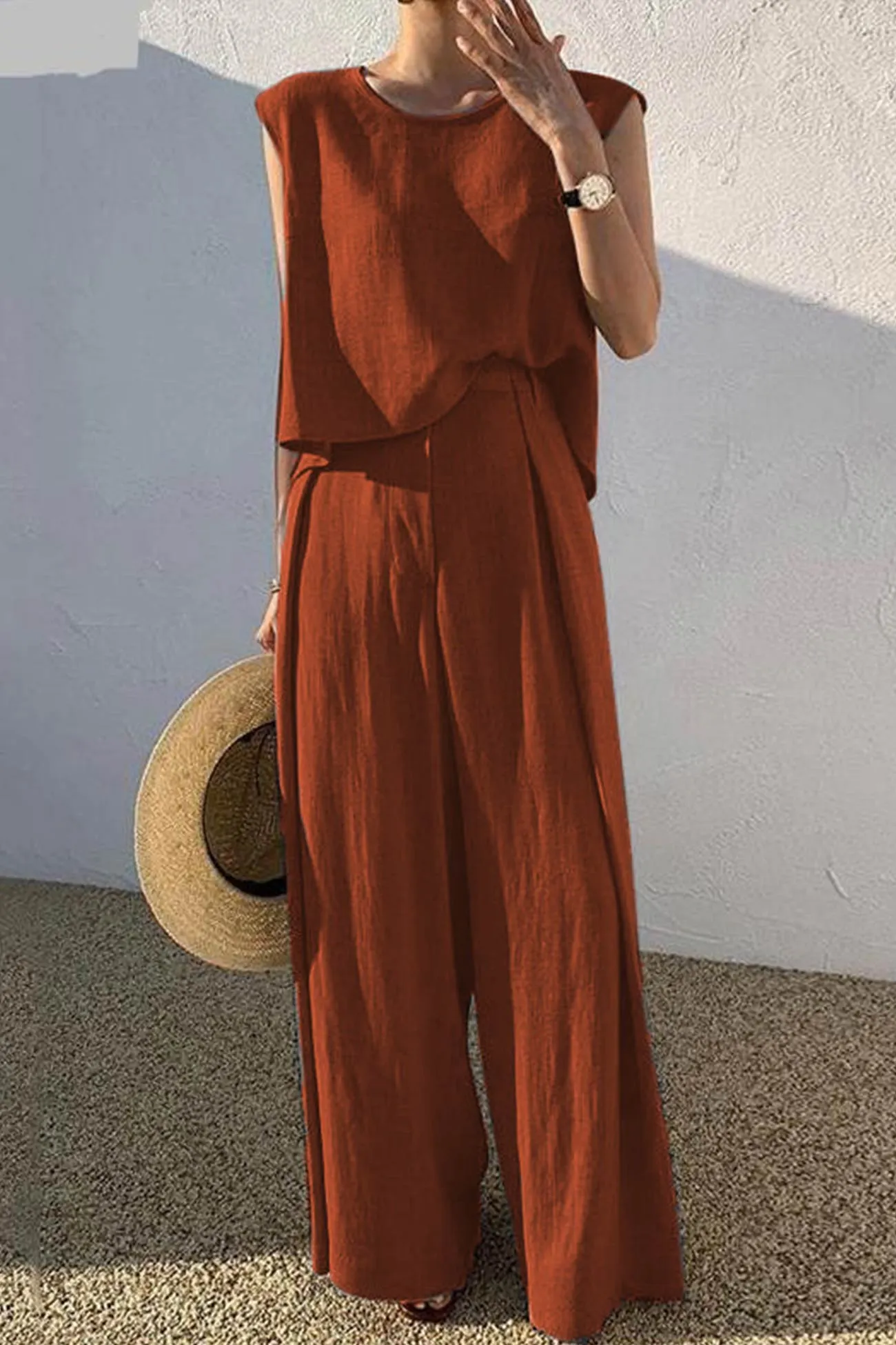 Maxct Cotton Solid Tank Pants Suits