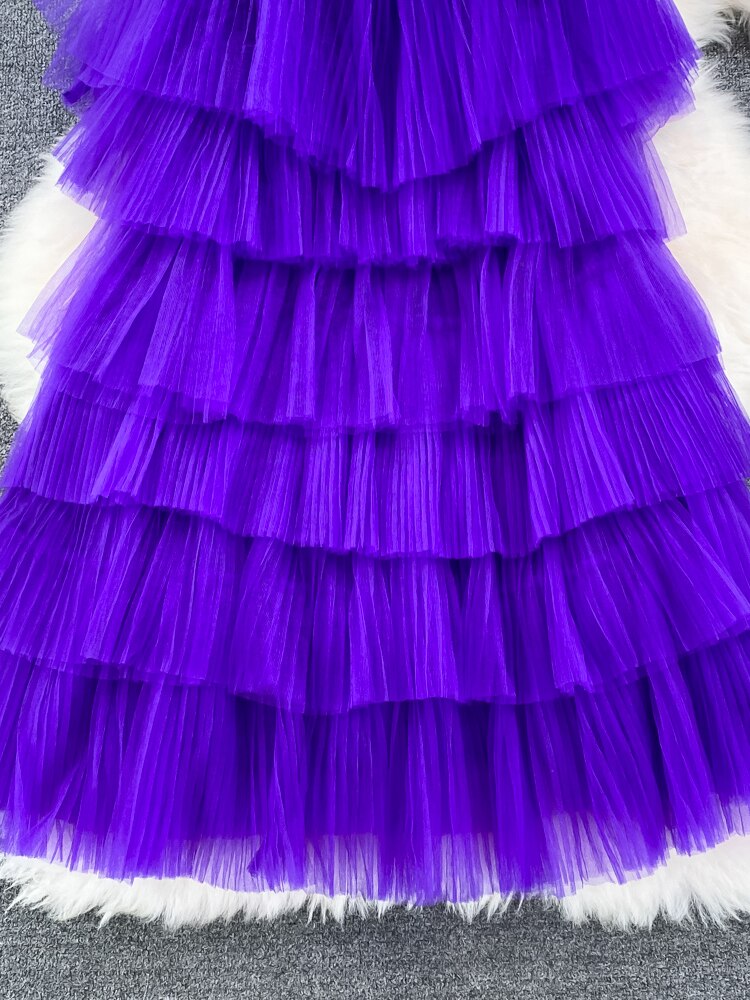 Cascading Ruffle Mesh Spaghetti Strap Mini Dress Women Purple/Green/Pink Sleeveless A-Line Vacation Beach Vestidos Female