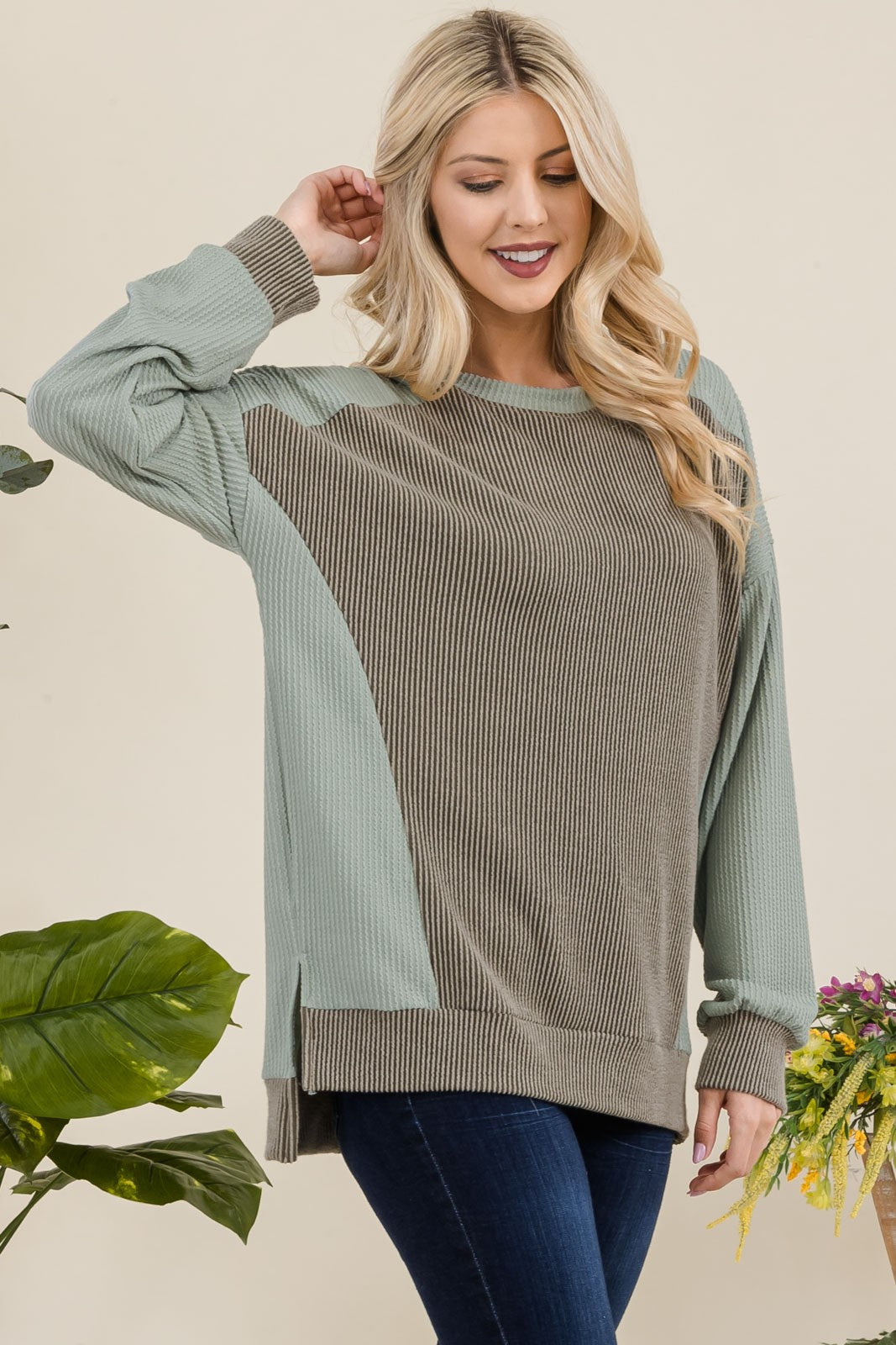 Maxct &Celeste Full Size High-Low Contrast Round Neck Sweatshirt - Image 8
