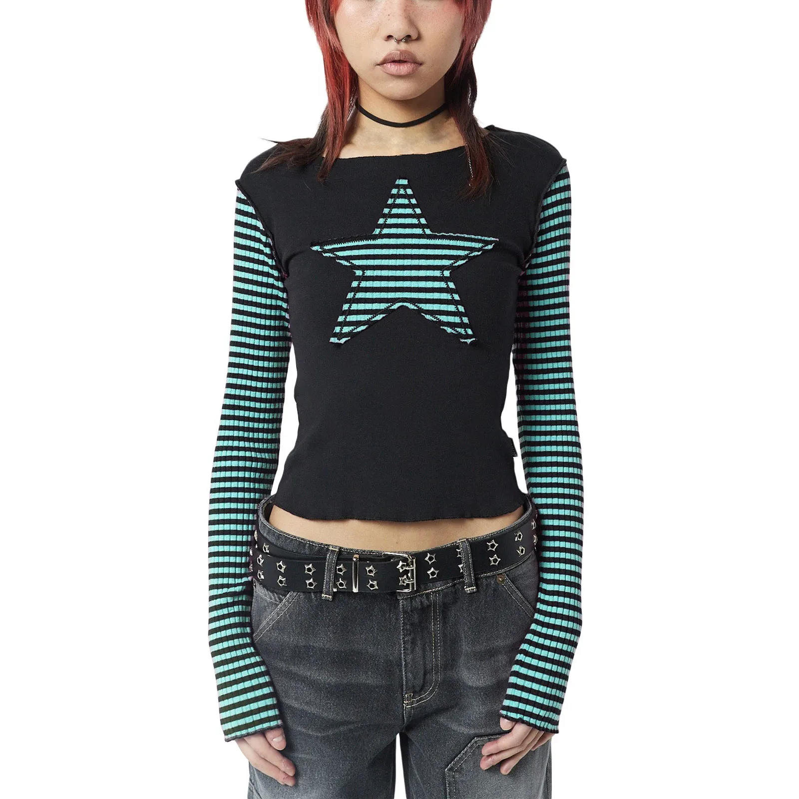 Maxct 90s streetwear Y2K Star Striped Sweet Cool Women's Long Sleeve Striped Stitching T-shirt Five-Pointed Star Embroidered Casual Top 3324