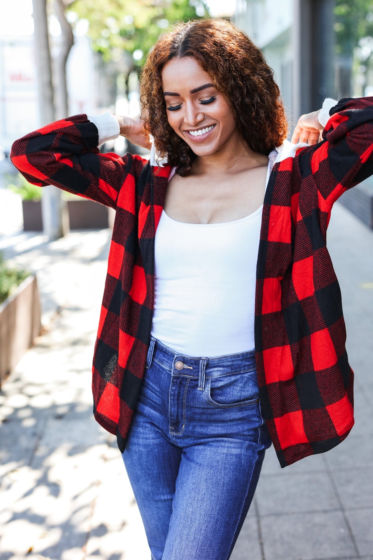 Maxct &Stepping Out Red Buffalo Plaid Ribbed Hooded Sweater
