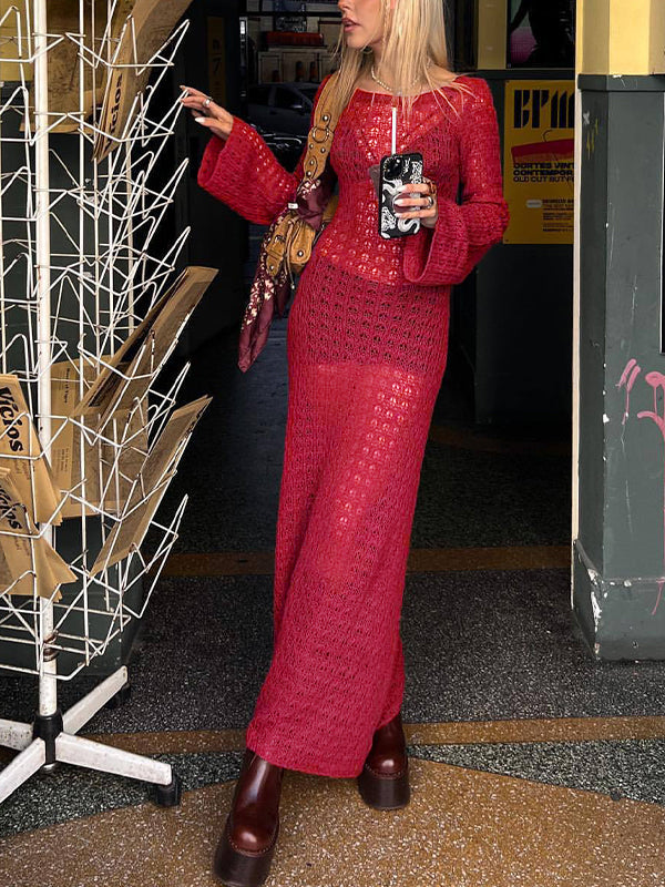 Crochet Hollow Backless Long Sleeve Cover Up Maxi Dress Maxct