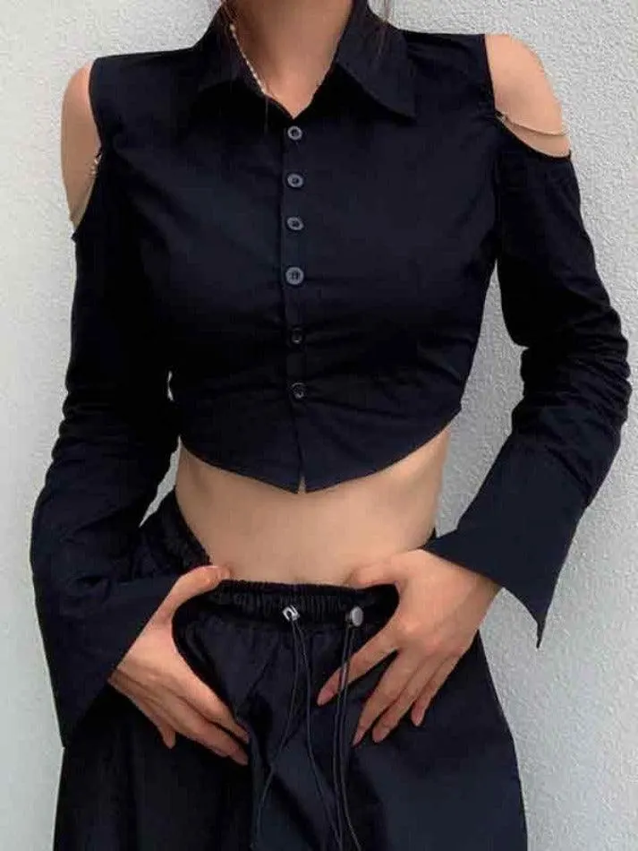 Maxct Cutout Chain Decor Lapel Long Sleeve Shirt