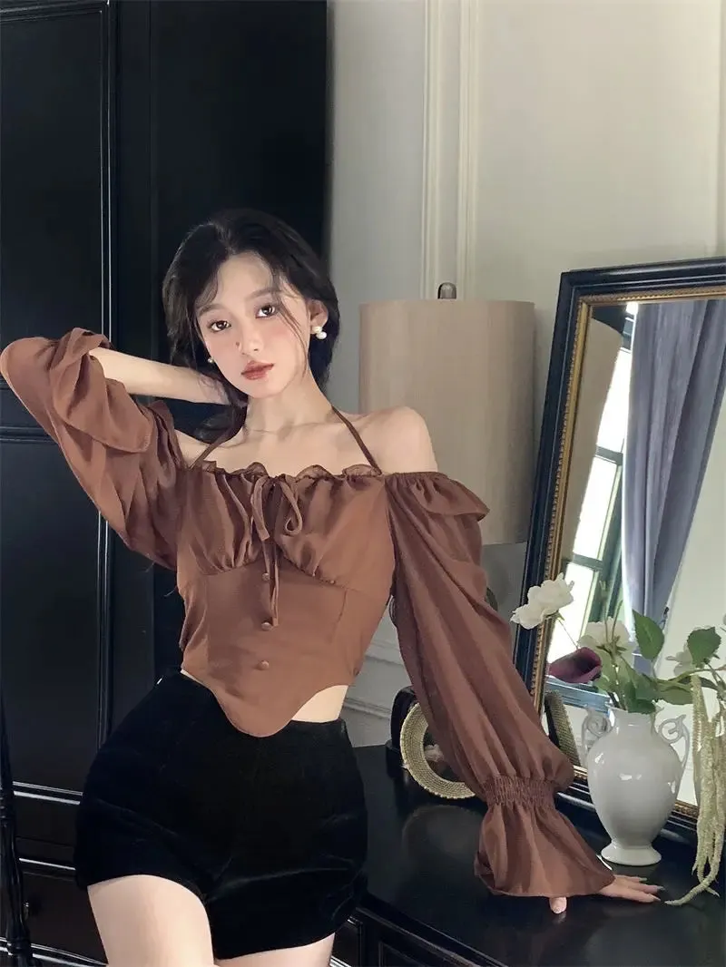 Maxct Shirts Blouses Spring Autumn Halter Off Shoulder Ruffles Patchwork Blusa Feminina Vintage Elegant Sexy Camisas De Mujer