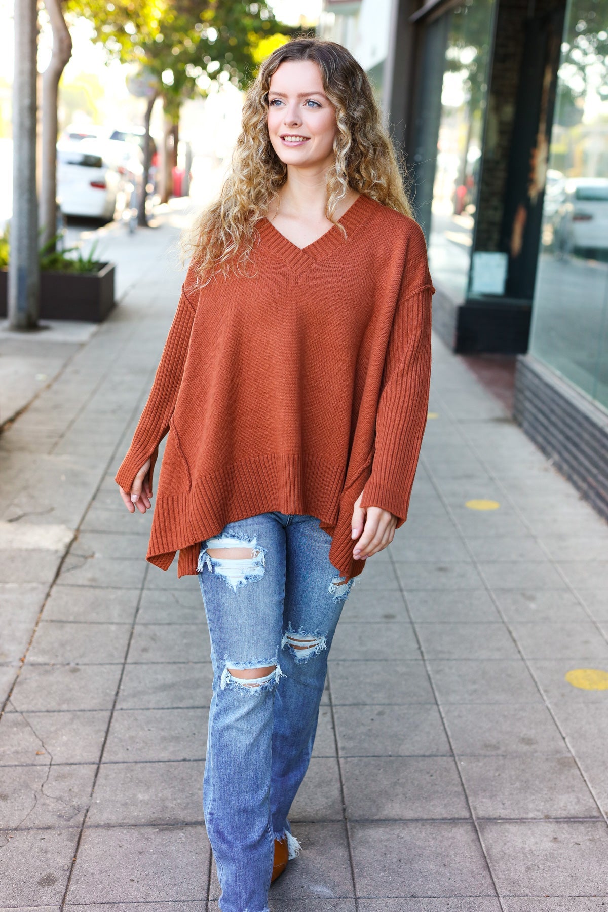 Maxct &Casual Chic Rust Oversized V Neck Rib Knit Sweater
