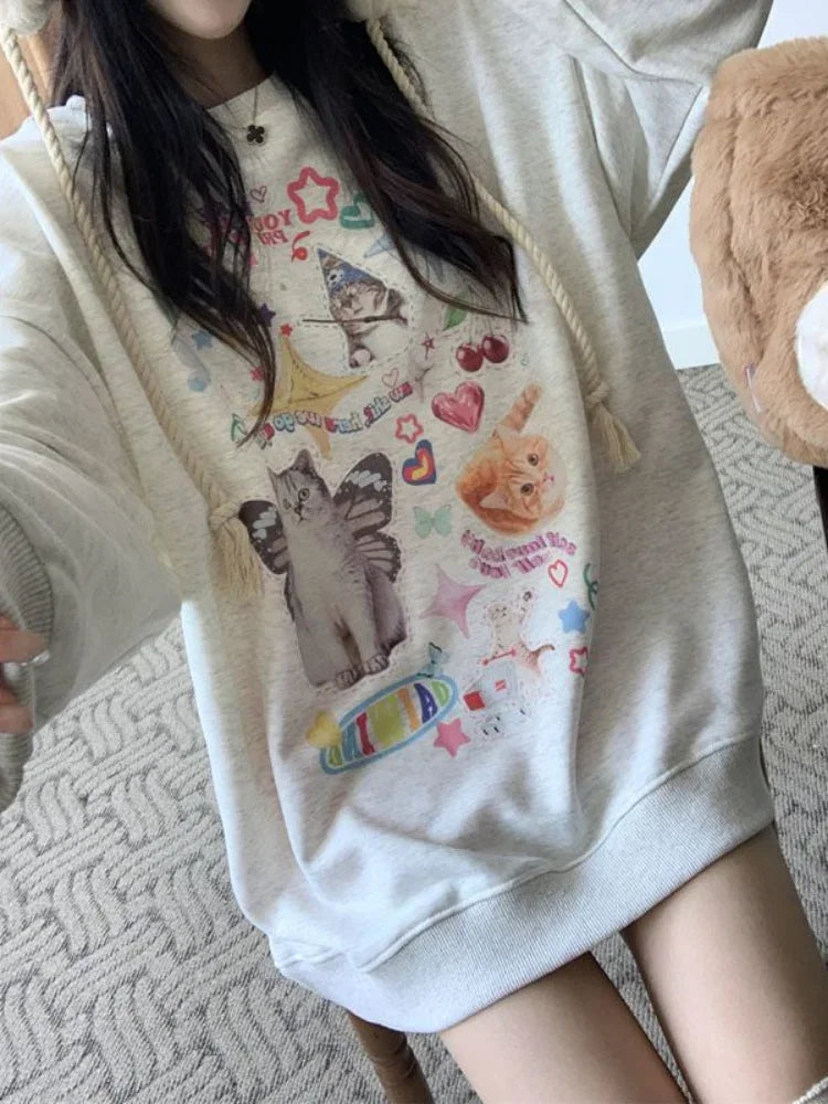 Maxct Kawaii Cat Print Hoodie Women Cutecore Long Sleeve Sweatshirt American Retro E-girl Kitten Angel Graphic Alt Clothes Y2k