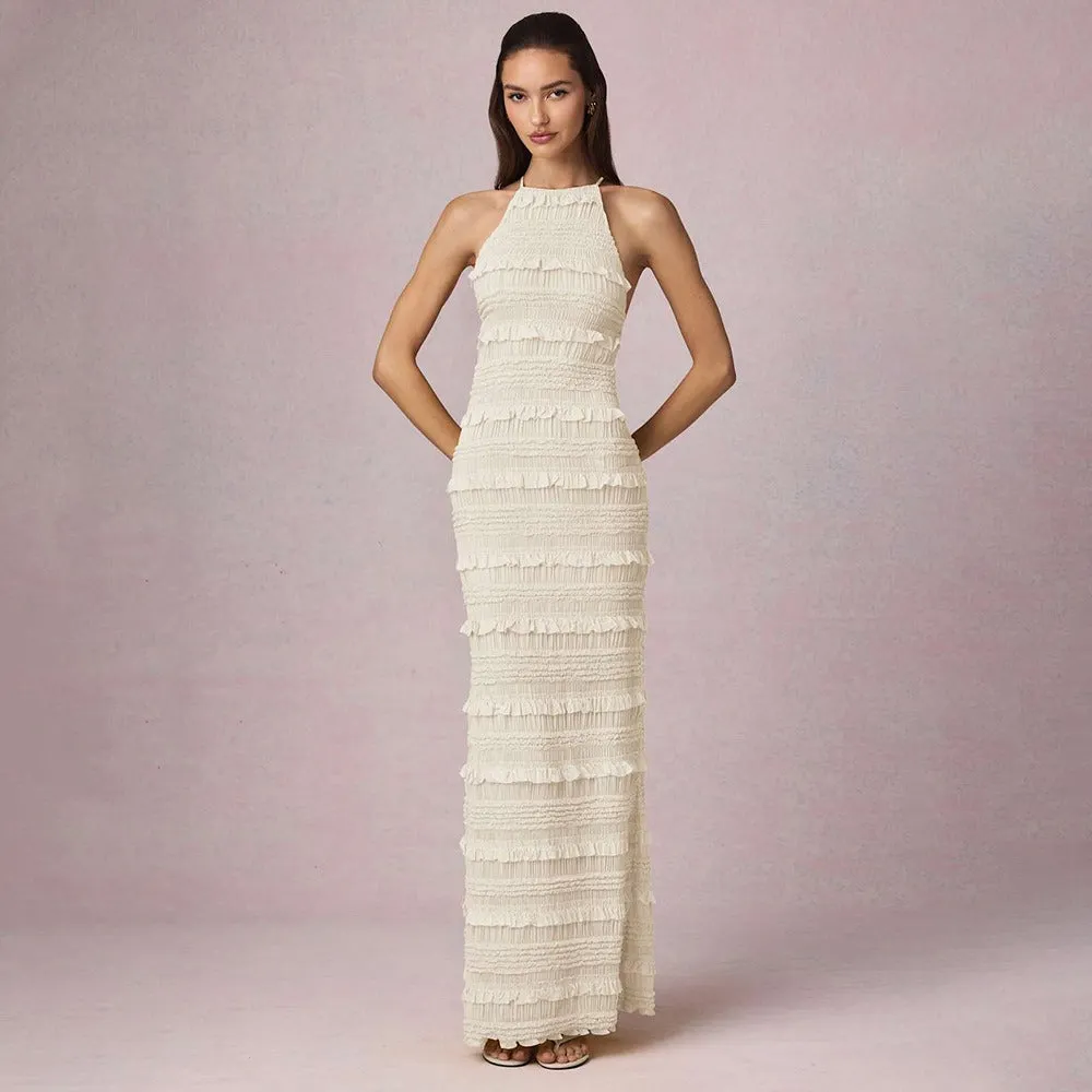Ruffle Lace Backless Halter Neck Dress Maxct
