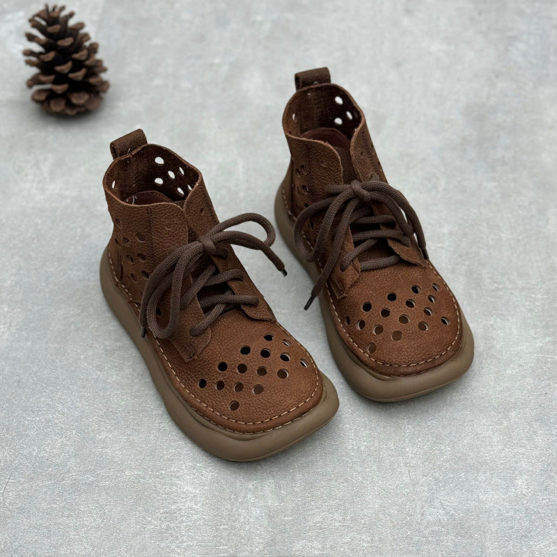 Women Retro Handmade Leather Lace-Up Hollow Out Breathable Boots