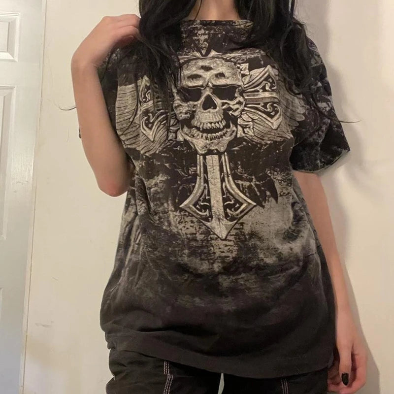 Maxct Punk Harajuku Grunge Short Sleeve Loose Tees E-girl Gothic Skulls Graphic Print T-shirt Y2K Aesthetic Vintage Pullovers Tops