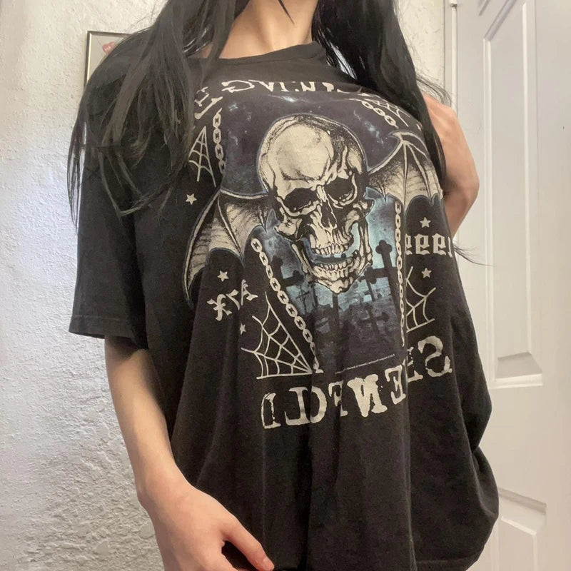 Maxct Punk Harajuku Grunge Short Sleeve Loose Tees E-girl Gothic Skulls Graphic Print T-shirt Y2K Aesthetic Vintage Pullovers Tops
