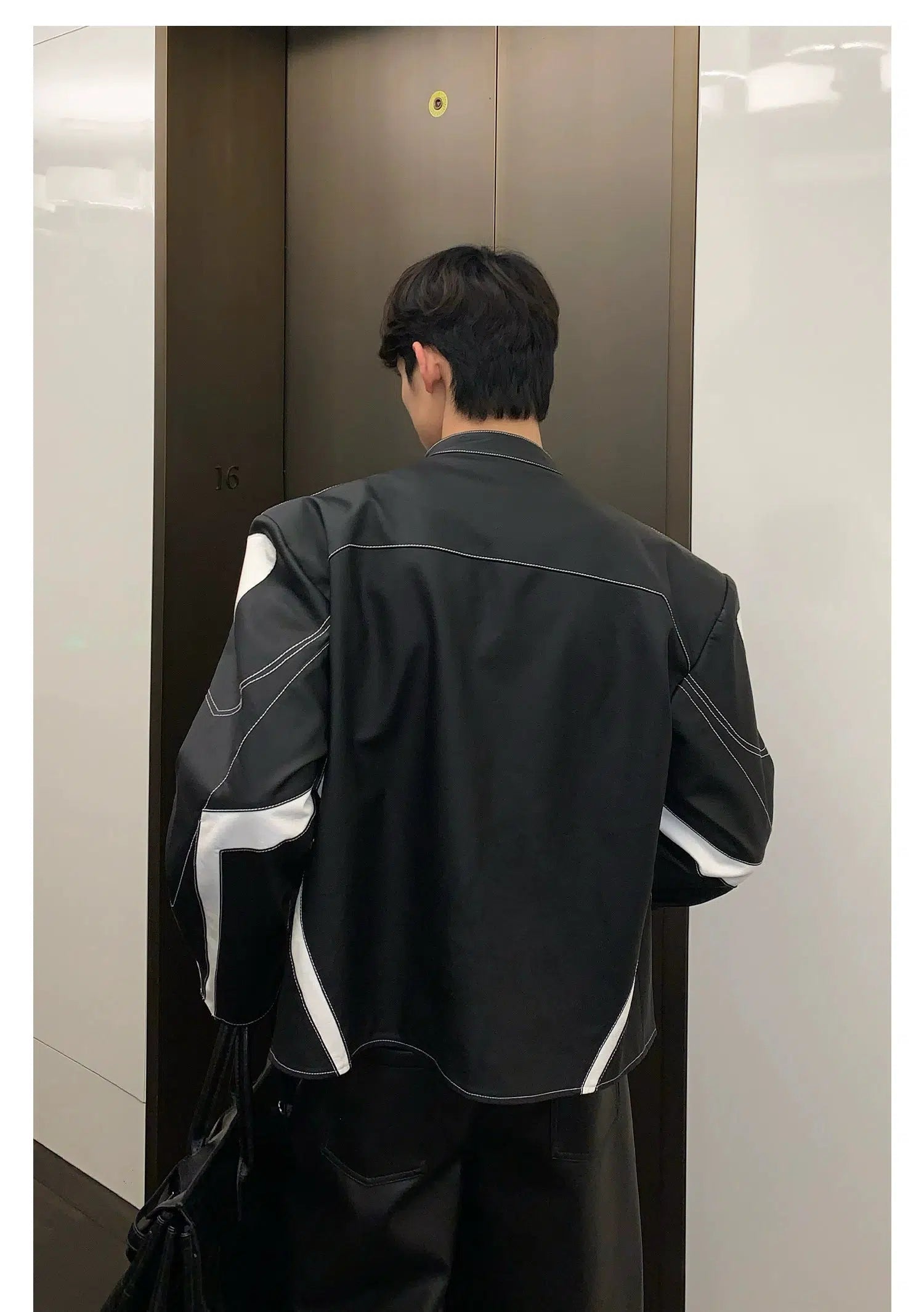 Maxct Contrast Color Leather Jacket with Shoulder Pads