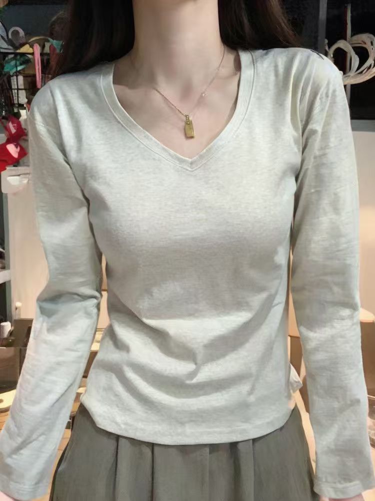 Maxct Shoulder T-Shirt Women's Spring and Autumn Outer Wearing Tight Waist Slim-Fit Pure Cotton Winter Inner Base Shirt New Long Sleeve Top