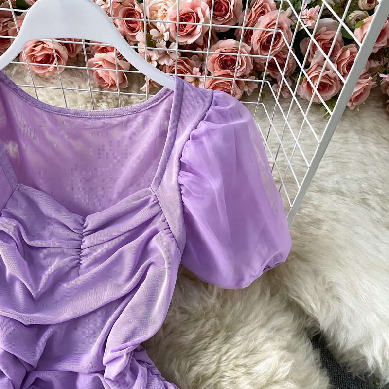 Sexy Mesh Draped Bodycon Dress Women Elegant Square Collar Short Puff Sleeve Pleated Vestidos Female Summer