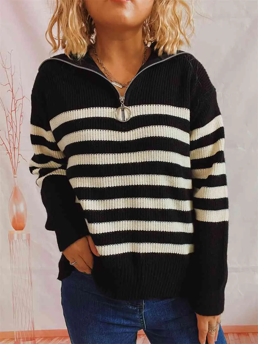 Maxct &Striped Half Zip Collared Sweater