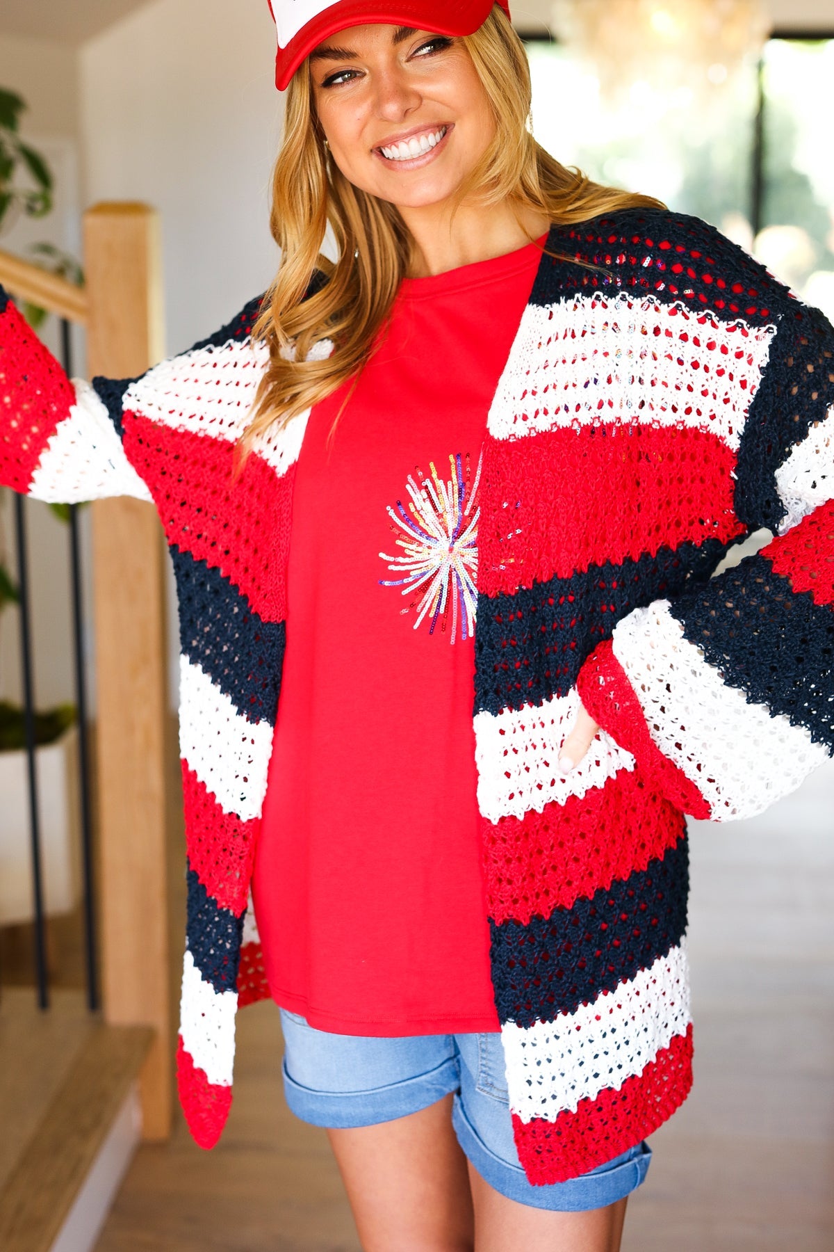 Maxct &Simply Patriotic Red White & Blue Striped Crochet Cardigan