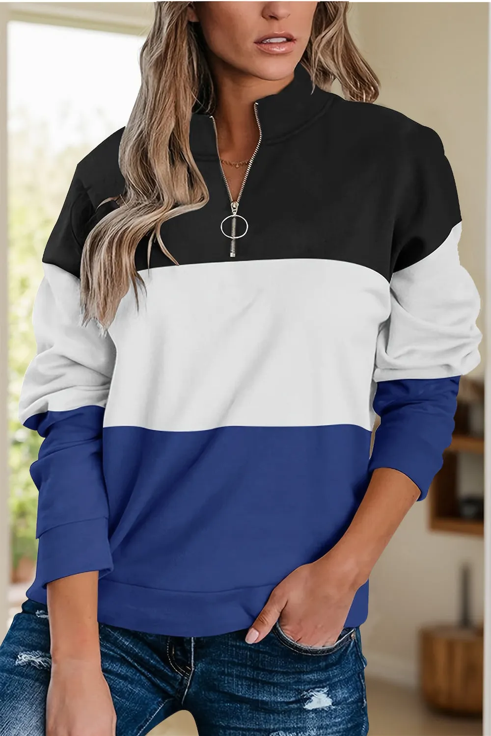 Maxct &Full Size Color Block Quarter Zip Long Sleeve Sweatshirt