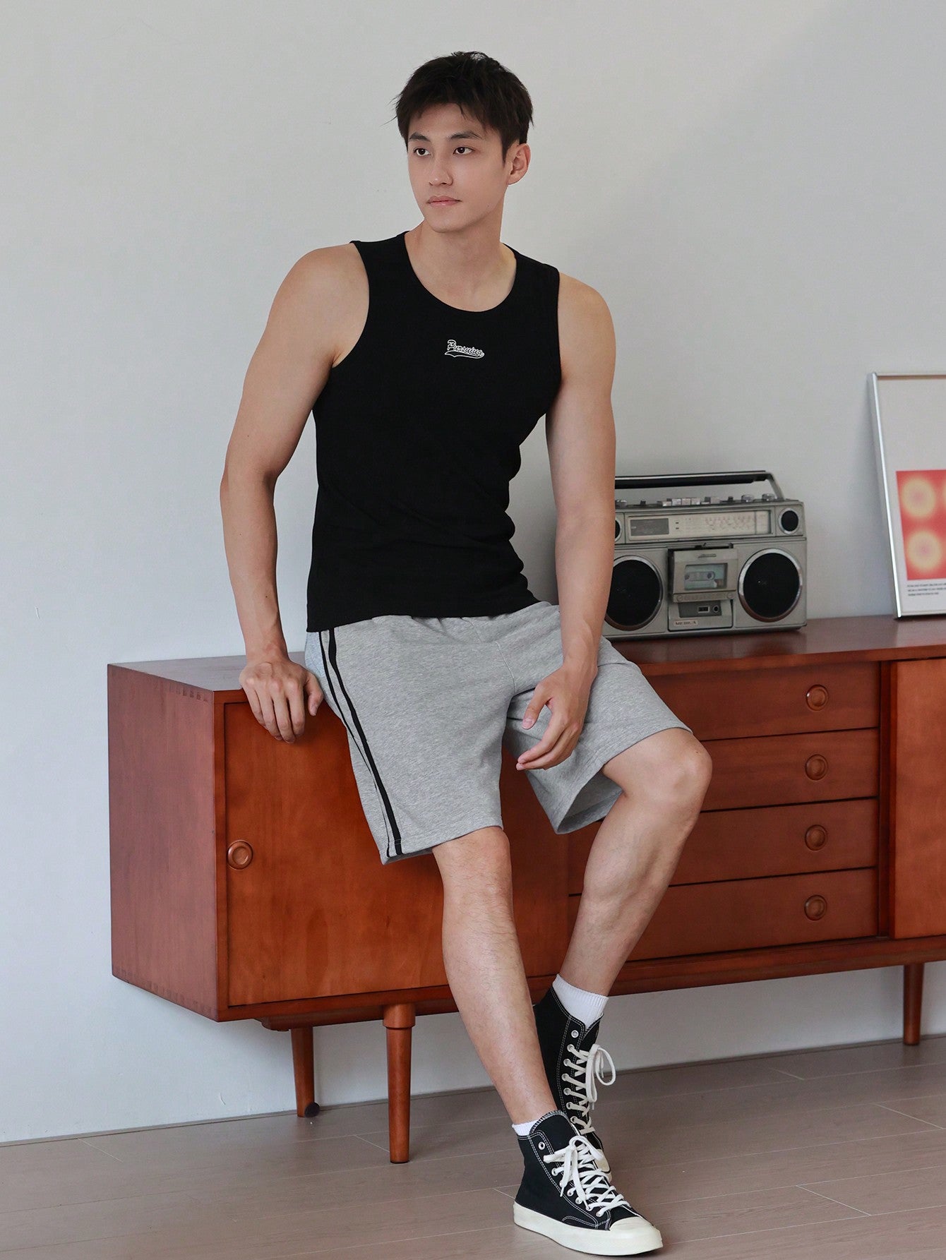 Maxct Men's Summer Casual Color Block Striped Letter Print Drawstring Waist Shorts